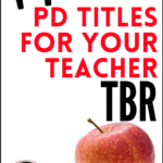 Red apple on white background beside red and black script about professional development books teachers love