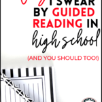 Black and white notepad and pencil in the upper left corner beside black and red and black lettering about high school English and guided reading