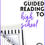 Black and white notepad and pencil in the upper left corner beside black and purple lettering about high school English and guided reading