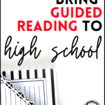 Black and white notepad and pencil in the upper left corner beside black and red and black lettering about high school English and guided reading