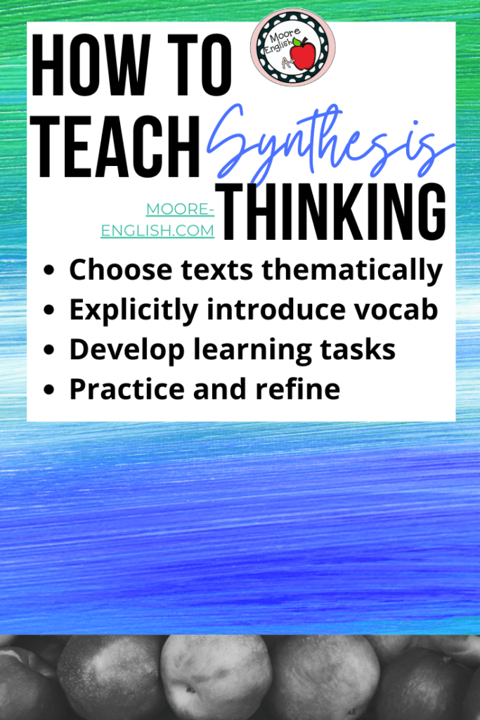 Rainbow background with black text about How to Teach Synthesis Thinking in High School English 