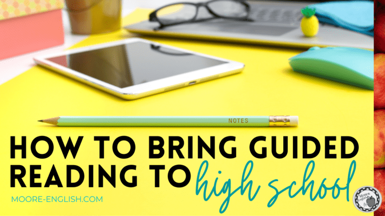 Yellow background with white iPad tablet in front of a silver Apple laptop with black rectangle glasses on the keyboard. The keyboard mouse is the the right of the laptop and is teal. A wooden pencil is in the foreground and is also teal. The letter is in front of the pencil and describes the relationship between high school English and guided reading.