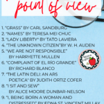 Round black eye glasses on a light blue background with a list of 10 poems to teach point of view. The font is black and red