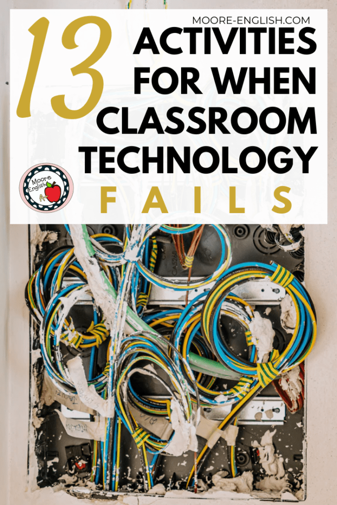 An open electrical wall panel with tangled gold and blue wires under gold and black lettering that reads: 13 Activities for When Classroom Technology Fails