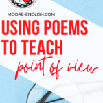 Round black eye glasses on a blue background beside red text about using poems to teach point of view