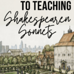 Illustration of the Globe Theatre in London with black lettering about my trick to teach Shakespearean sonnets
