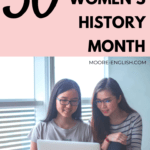 Two young Asian women sit in front of white windows and look at an Apple Macbook Air laptop. he picture is under black lettering that says: 30 Titles for Women's History Month