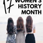 Three women with long brown hair and floor-length dresses have their backs to the camera. The women are standing shoulder to shoulder and looking out at the water. The picture is under black lettering that says: 17 Poems for Women's History Month