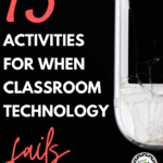 A broken white smartphone on a black background beside white and red lettering that says 13 Activities for When Classroom Technology Fails