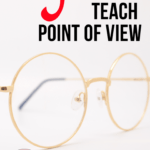 Round gold eye glasses on a cream background beside red and black text about 5 poems to teach point of view