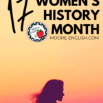 Silhouette of a woman with long hair blowing in the wind in front of a yellow sunset under the words 17 Poems for Women's History Month