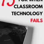 A broken tablet screen under black and red words that says 13 activities for when classroom technology fails
