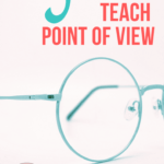 Aqua blue eye glasses with round lenses beside red and aqua text about five texts to teach point of view