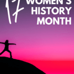 The silhouette of a woman standing on a black hill during a pink and purple sunset. She is doing yoga. he picture is under black lettering that says: 17 Poems for Women's History Month