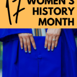 A woman in a bright blue graduation robe holds her graduation cap at knee level. Only her torso and feet are in the shot. The picture is under black lettering that says: 17 Poems for Women's History Month