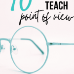 Round aqua blue eye glasses on a cream background beside aqua and black text about 10 poems to teach point of view