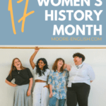 Four women of varying races and ethnicities stand together smiling and laughing. The picture is under black lettering that says: 17 Poems for Women's History Month