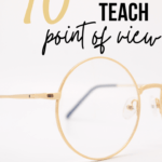 Round gold eye glasses on a cream background beside gold and black text about 10 poems to teach point of view