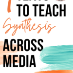 Teal and orange finger paint on a white background beside black and orange text that says: 7 Texts to Teach Synthesizing Across Media