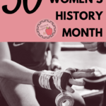 A woman fighter is seen having her hands bandaged. he picture is under black lettering that says: 30 Titles for Women's History Month