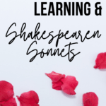 White background with rose petals under black text that reads Inquiry-based learning and Shakespearean sonnets