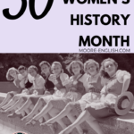 8 women in traditional Austrian lederhosen sit on the side of an empty swimming pool with one leg kicked out. they are leaning and posing for the camera. he picture is under black lettering that says: 30 Titles for Women's History Month