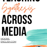 Teal and orange finger paint on a white background beside black and orange text that says: Teaching Synthesis Across Media