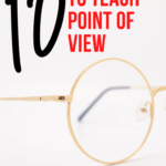 Round golden eye glasses on a cream background beside black and red text about using poetry to teach point of view