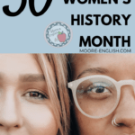 Two women have their cheeks pressed together and they face the camera. Their faces fill the entire frame. The woman on the left is white with brown hair, and the women on the right is Black with white plastic glasses. he picture is under black lettering that says: 30 Titles for Women's History Month