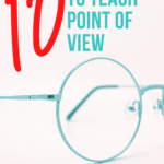 Round aqua blue eye glasses on a cream background beside red and aqua text about using poems to teach point of view