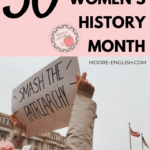 A young woman in a pink knit cap holds up a sign that reads Smash the Patriarchy. She is surrounded by other protestors. The picture is under black lettering that says: 30 Titles for Women's History Month