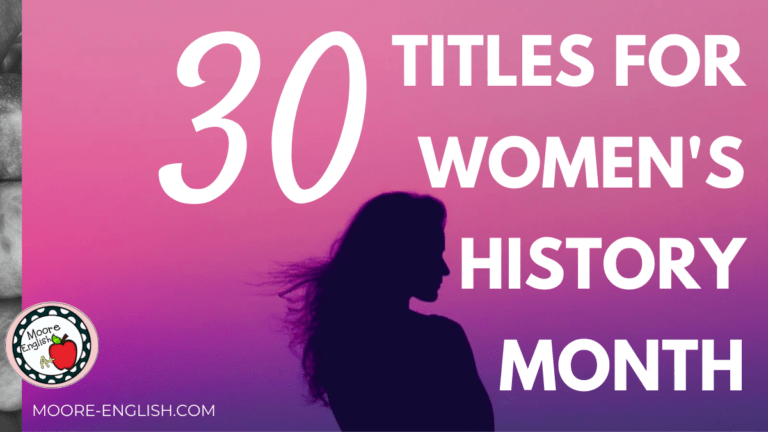 Silhouette of a woman with long hair blowing in the wind in front of a pink and purple sunset under the words 30 Titles for Women's History Month
