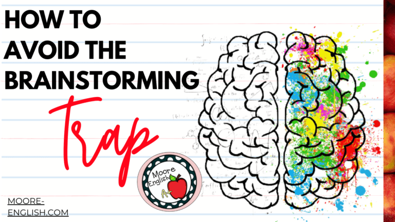 A pale pink background with a cartoon image of a brain looked at from above. The left side of the brain is black and white with math wquations and scientific notations. The right side of the brain is green, yellow, blue, and red splatter paint. The image appears under the words How to Avoid the Brainstorming Trap.