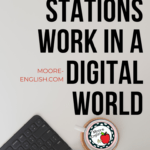 An open black tablet under an black text that reads making stations work in a digital world