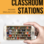 Illustration of a hand holding a white iPhone, which features an image of an illustrated library, extended over an open book. This is under black lettering about digital classroom stations