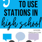 Bright blue background with black and white text that reads: 5 reasons to use stations in high school. This appears over a cartoon of three people, each with a speech bubble.