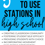Bright blue background with black and white text that reads: 5 reasons to use stations in high school. This appears over a bulleted list of the 5 reasons.