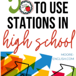 Overlapping red, green, blue, yellow, and white arrows point diagonally upward and right under a bulleted list of the 5 reasons to use stations in high school
