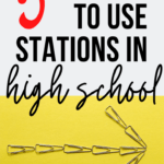 An arrow made of paper clips points right and rests on a mustard yellow background. This is under black and red text that says 5 reasons to use stations in high school