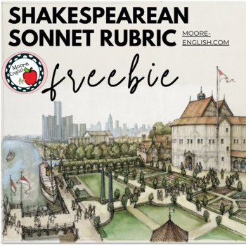 Illustration of the Globe Theatre in London overlooking the Thames River under black block font and script that reads: Free English or Shakespearean Sonnet Rubric / 100% Editable Google Slides