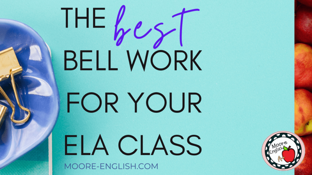 Blue bowl of golden binder clips beside black and blue text that reads: The Best Bell Work for Your ELA Class