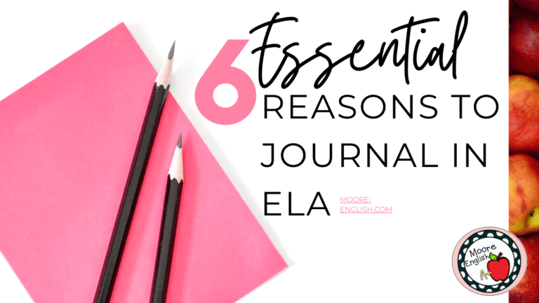 Pink colored journal with two black pencils beside black text that reads: 6 essential reasons to journal in English class