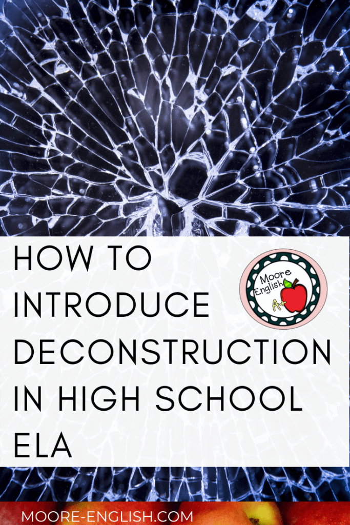 Navy, broken glass under text about how to introduce deconstruction in high school ela 