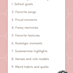 A blush pink and white infographic with a list of 10 listicle prompt to use with students during back to school