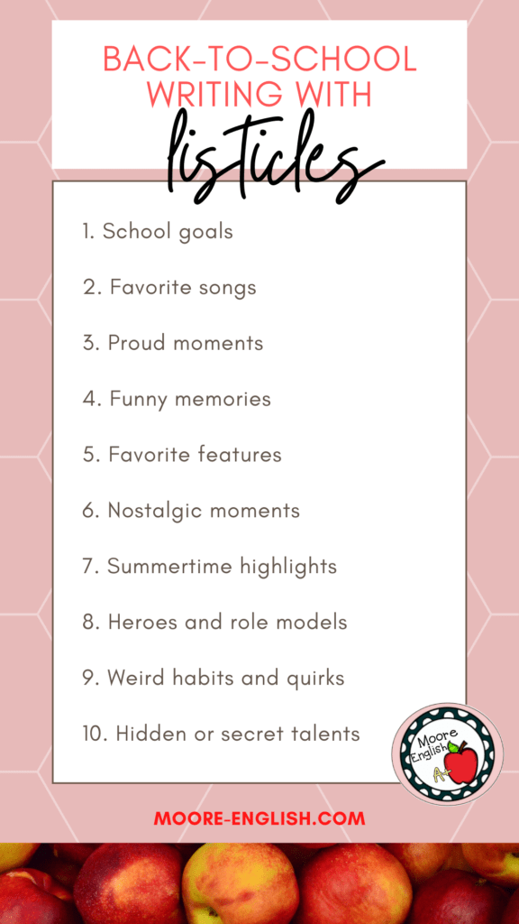 A blush pink and white infographic with a list of 10 listicle prompt to use with students during back to school