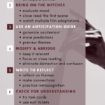Infographic featuring a woman's hand pulling up a black sheet. This image appears under plum and white text about how to engage students in Macbeth
