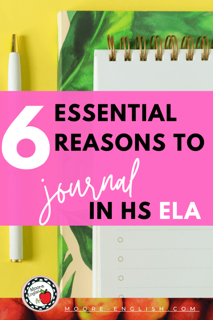 Open notepad beside a white ink pen. This image appears under text that reads: 6 Essential Reasons To Journal in English Class