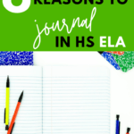 School supplies are scattered across a white surface. This image appears under text that reads: 6 Essential Reasons To Journal in English Class