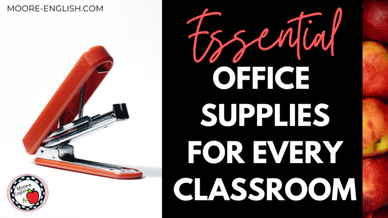 Open, red stapler under text that reads: Teachers Love Office Supplies: Classroom Essentials Every Teacher Needs