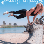 Blonde woman in black sports bra and black leggings vaults over driftwood on a beach. This appears under text that reads: 23 Texts for Introducing Feminist Criticism in High School ELA